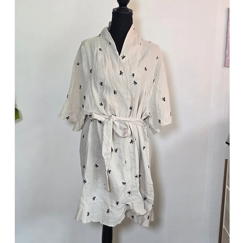 Embroidered Cotton Kimono Robe M/L Cream Black Bows vacation minimalist boho
